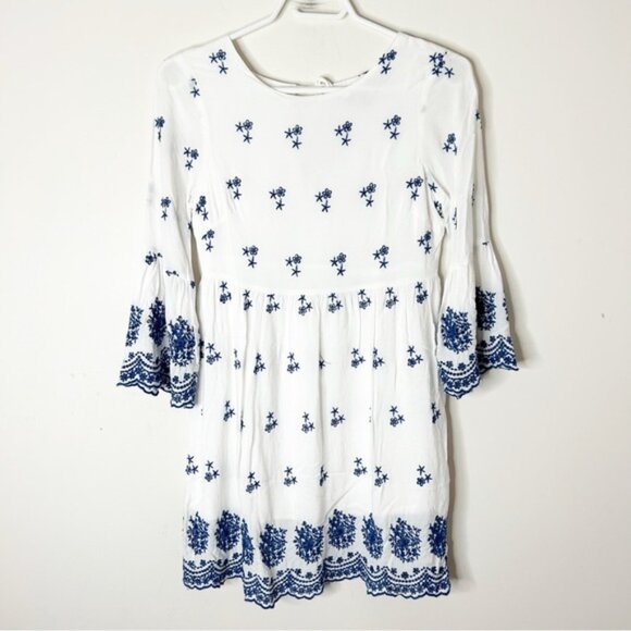 LULUS With a Whisper Blue and Ivory Embroidered Dress 3/4 Sleeve Boho Chic XS - Picture 2 of 16